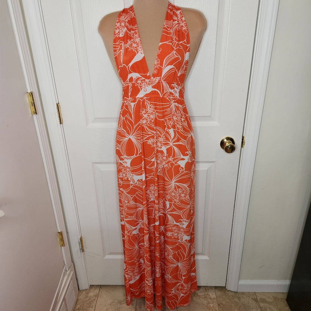 Necessary Objects Halter Maxi Dress Orange Floral Hawaiian Print Size Small